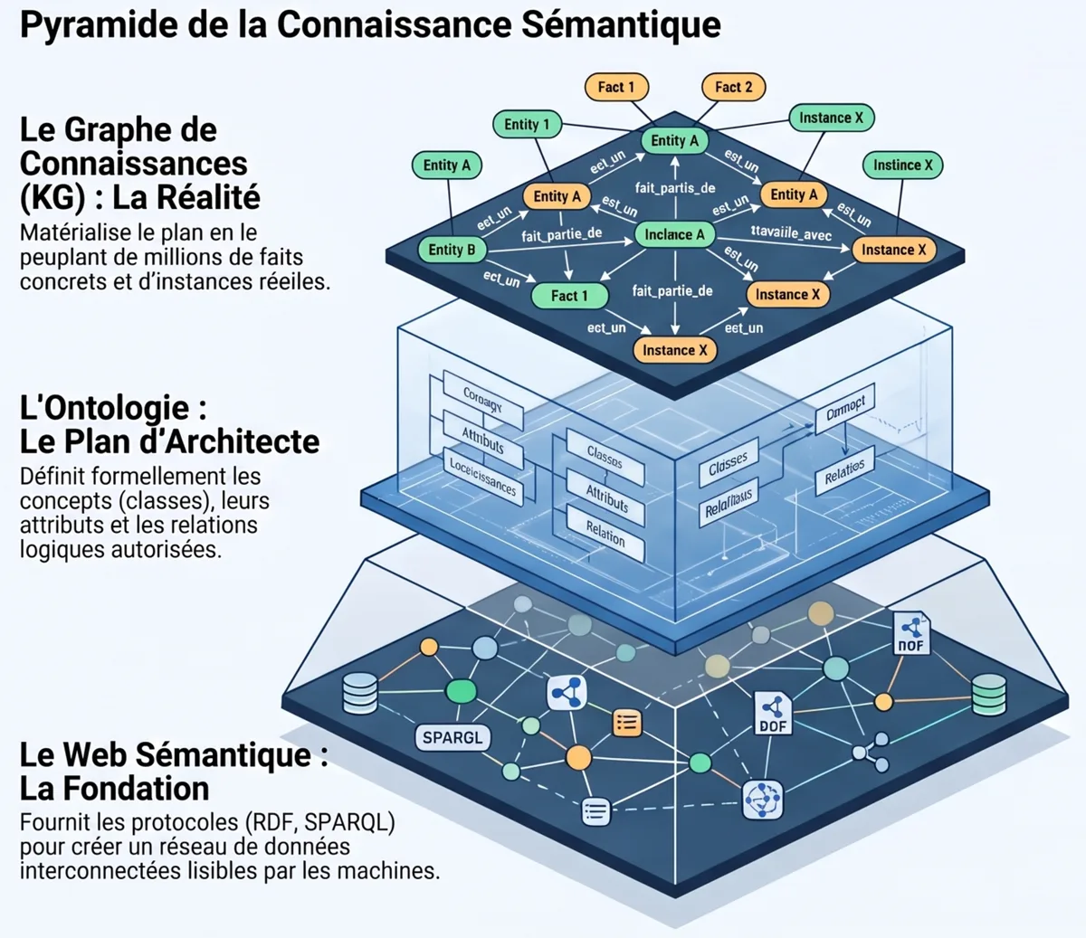 Pyramide de la connaissance sémantique : le Web sémantique comme fondation (RDF, SPARQL), l’ontologie comme plan d’architecte, le graphe de connaissances comme réalité peuplée de faits