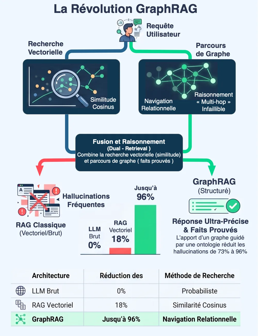 Schéma comparant le RAG classique vectoriel et GraphRAG : recherche vectorielle et parcours de graphe fusionnés, avec un tableau des taux de réduction des hallucinations